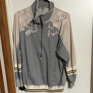 Gimmicks by BKE Gray and Cream Embroidered Cowl Sweater